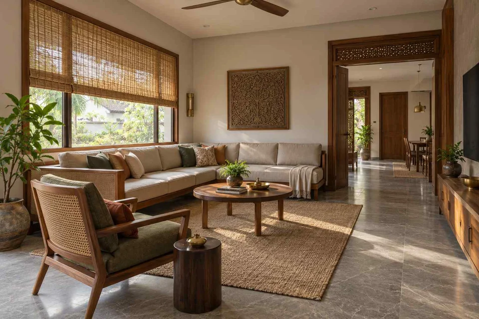 AI-generated living room design concept: split furniture group, teak craft direction