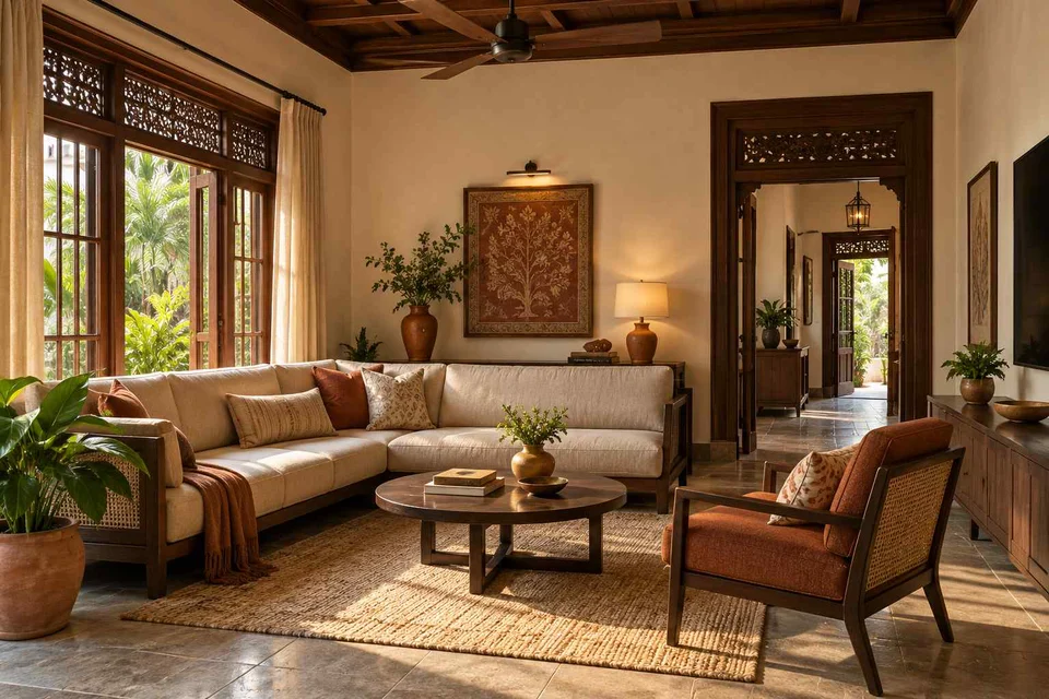 AI-generated living room design concept: split furniture group, terracotta heritage direction