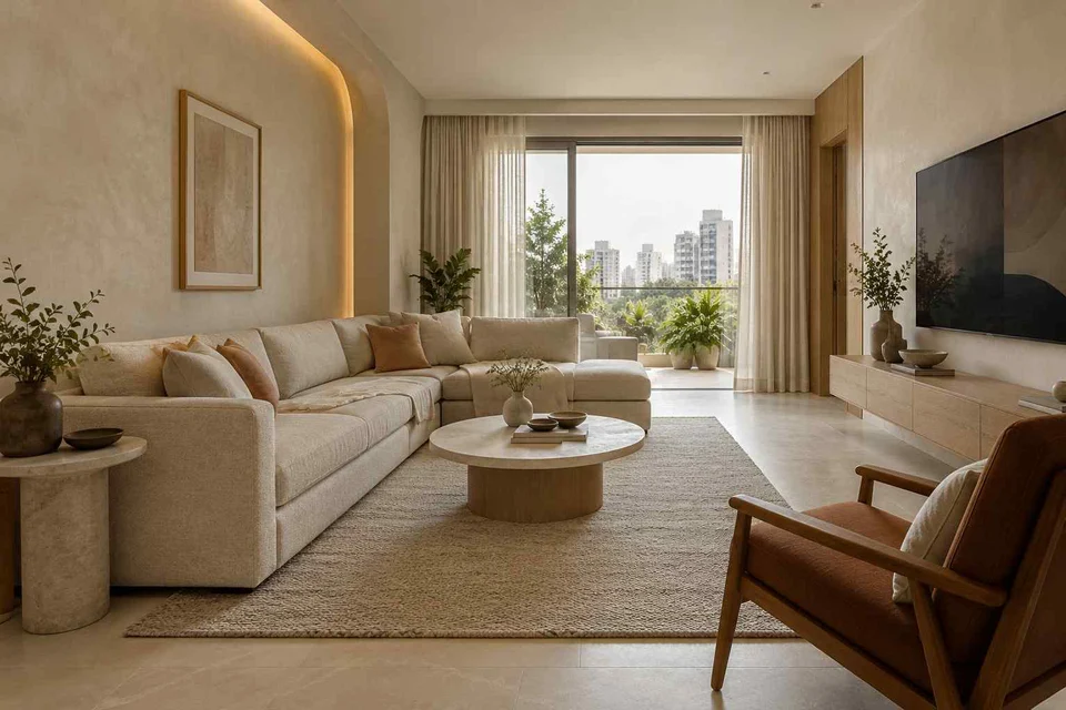 AI-generated living room design concept: split furniture group, textured mineral direction