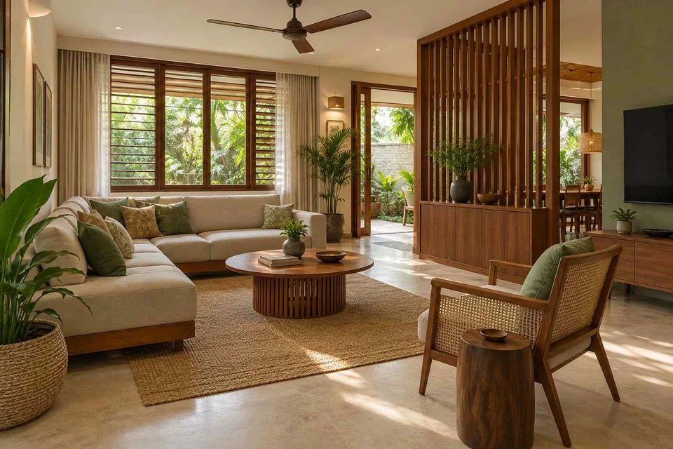 AI-generated living room design concept: split furniture group, tropical slatted direction