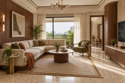 AI-generated living room design concept: split furniture group, urban deco direction
