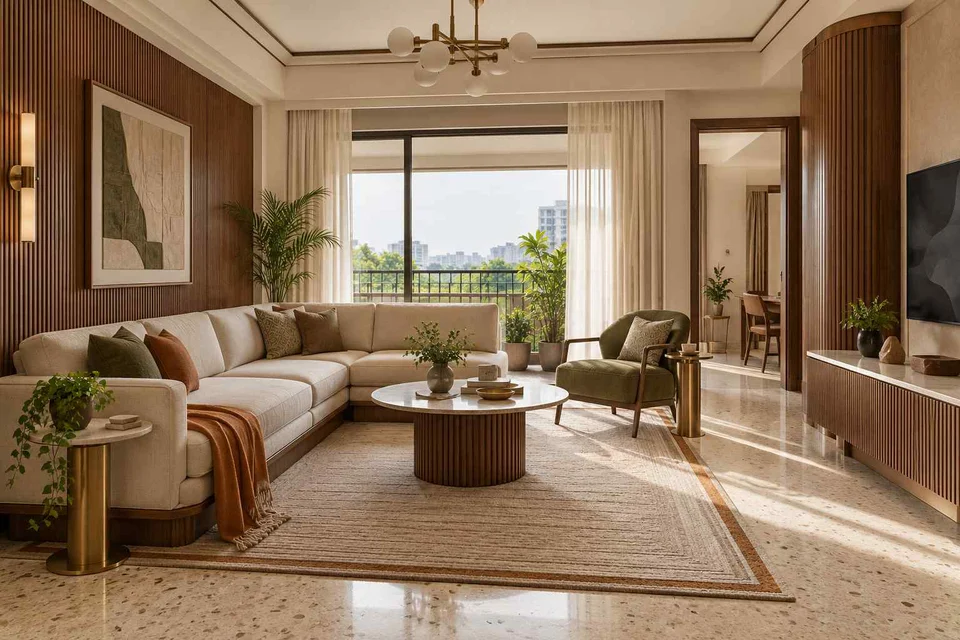 AI-generated living room design concept: split furniture group, urban deco direction