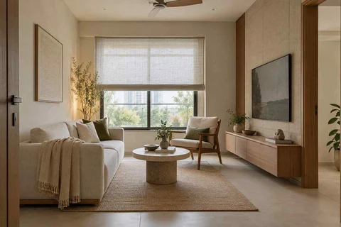 AI-generated living room design concept: square room conversation, ash and linen direction