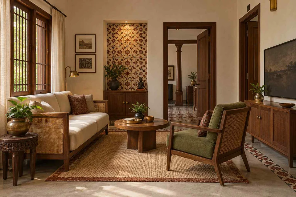 AI-generated living room design concept: square room conversation, chettinad tile direction