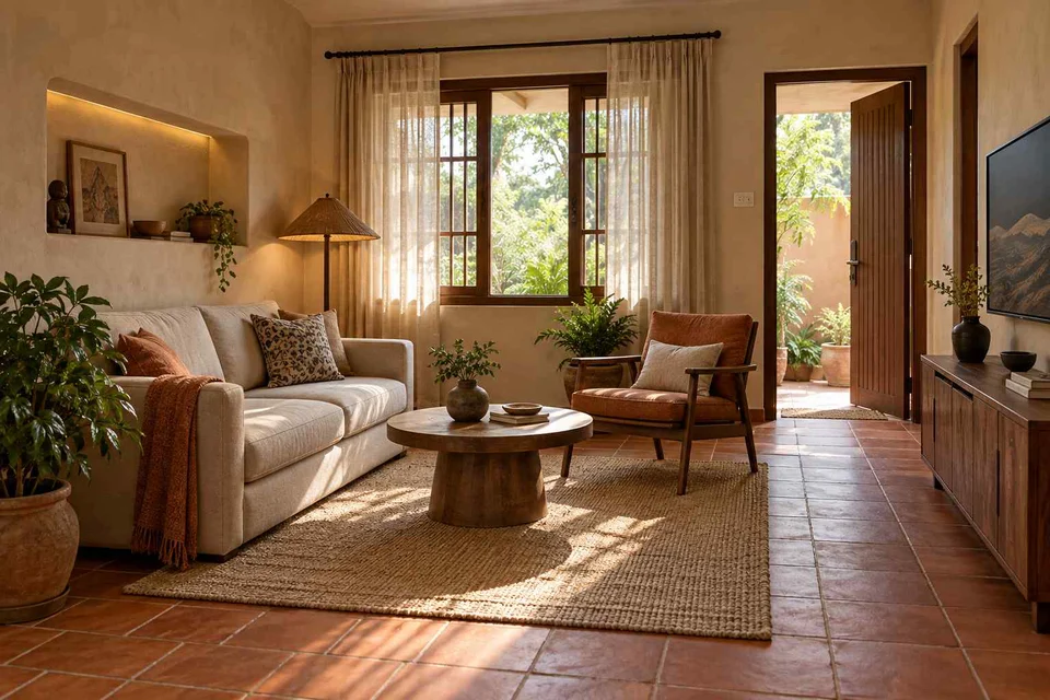 AI-generated living room design concept: square room conversation, clay artisan direction