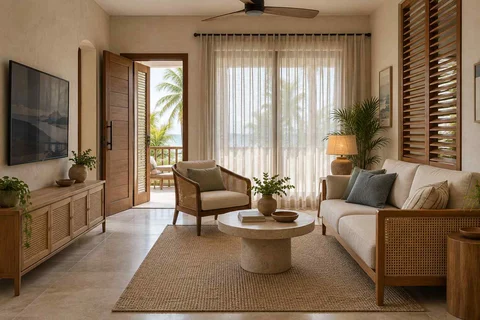 AI-generated living room design concept: square room conversation, coastal woven direction