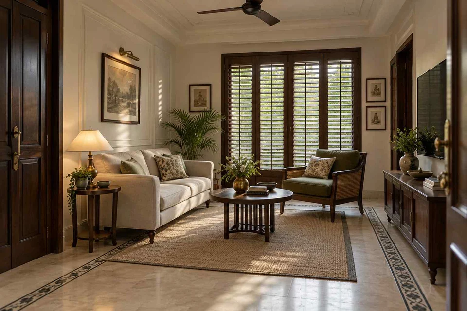 AI-generated living room design concept: square room conversation, colonial quiet direction