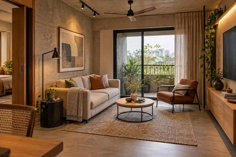 AI-generated living room design concept: square room conversation, concrete and oak direction