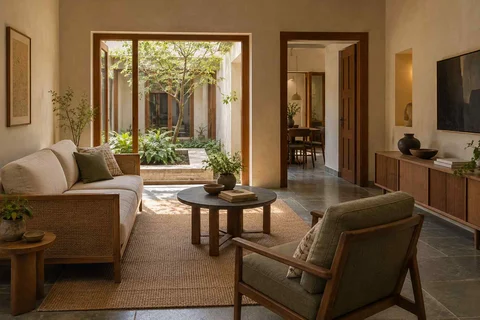 AI-generated living room design concept: square room conversation, courtyard modern direction
