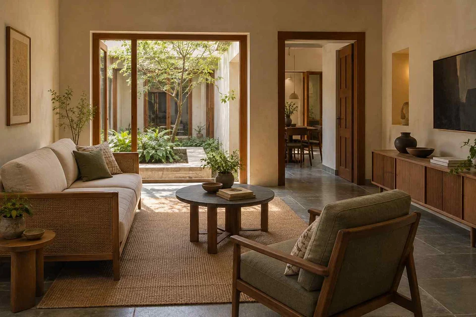 AI-generated living room design concept: square room conversation, courtyard modern direction