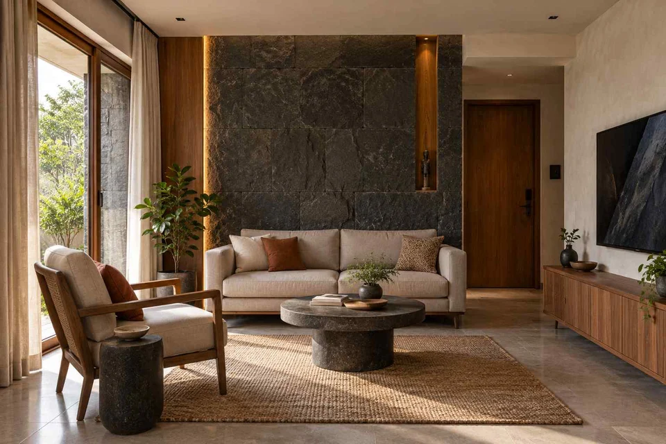 AI-generated living room design concept: square room conversation, deccan stone direction