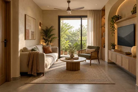 AI-generated living room design concept: square room conversation, earth and bamboo direction