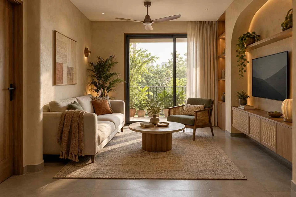 AI-generated living room design concept: square room conversation, earth and bamboo direction