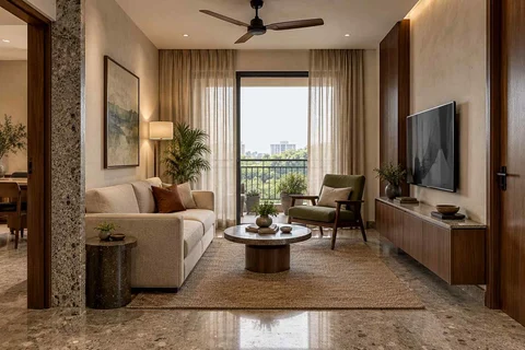 AI-generated living room design concept: square room conversation, granite precision direction
