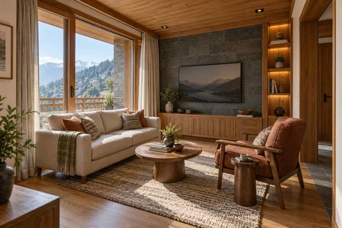 AI-generated living room design concept: square room conversation, hill timber direction