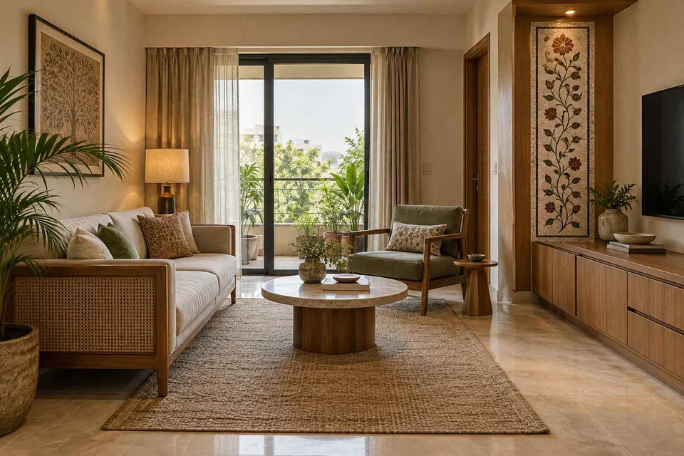 AI-generated living room design concept: square room conversation, inlay atelier direction