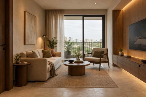 AI-generated living room design concept: square room conversation, lime and walnut direction