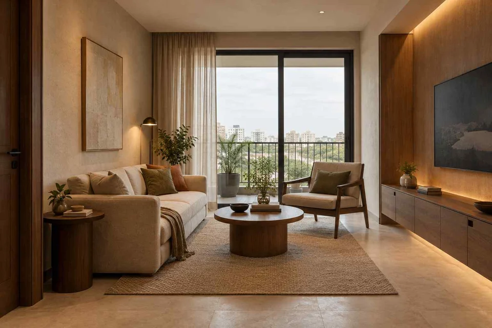 AI-generated living room design concept: square room conversation, lime and walnut direction