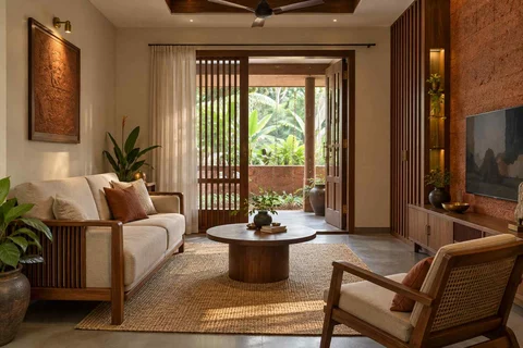 AI-generated living room design concept: square room conversation, malabar timber direction