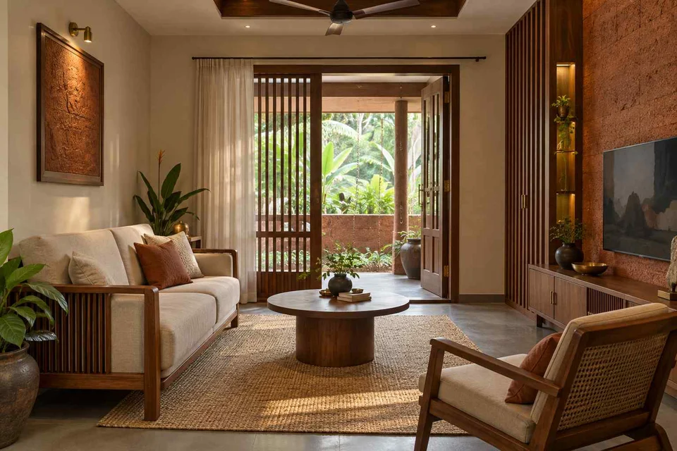 AI-generated living room design concept: square room conversation, malabar timber direction