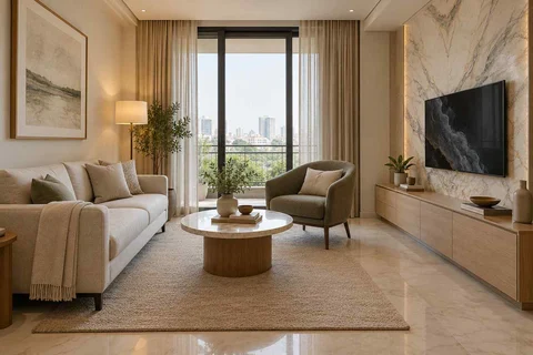 AI-generated living room design concept: square room conversation, marble restraint direction