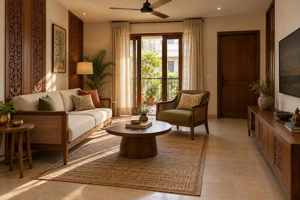 AI-generated living room design concept: square room conversation, modern carved direction