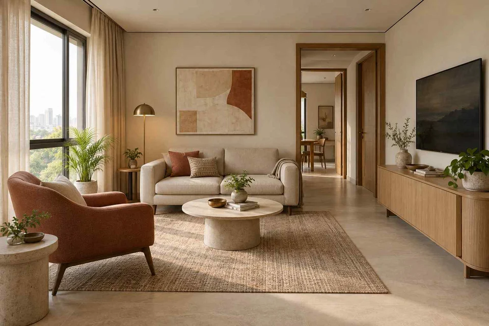 AI-generated living room design concept: square room conversation, quiet contemporary direction