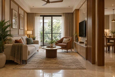 AI-generated living room design concept: square room conversation, quiet transitional direction