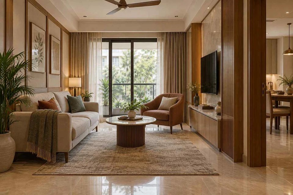 AI-generated living room design concept: square room conversation, quiet transitional direction