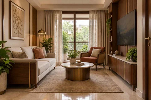AI-generated living room design concept: square room conversation, rosewood brass direction