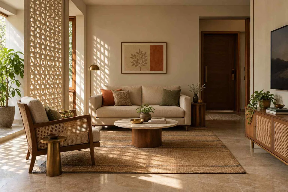 AI-generated living room design concept: square room conversation, sandstone lattice direction
