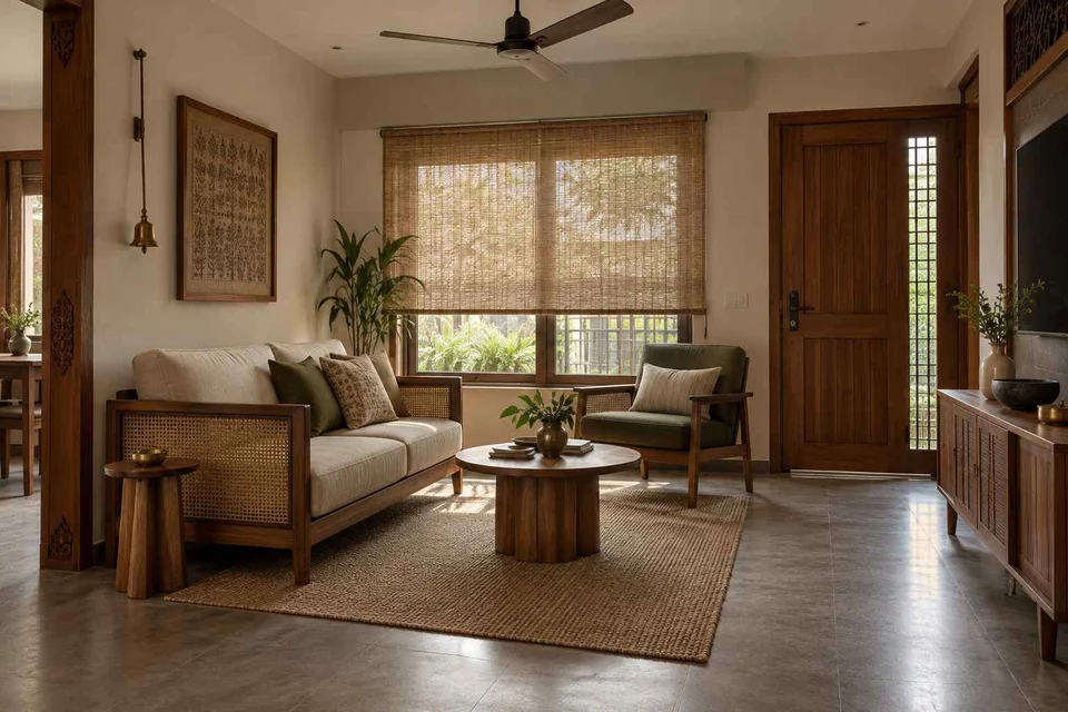 AI-generated living room design concept: square room conversation, teak craft direction