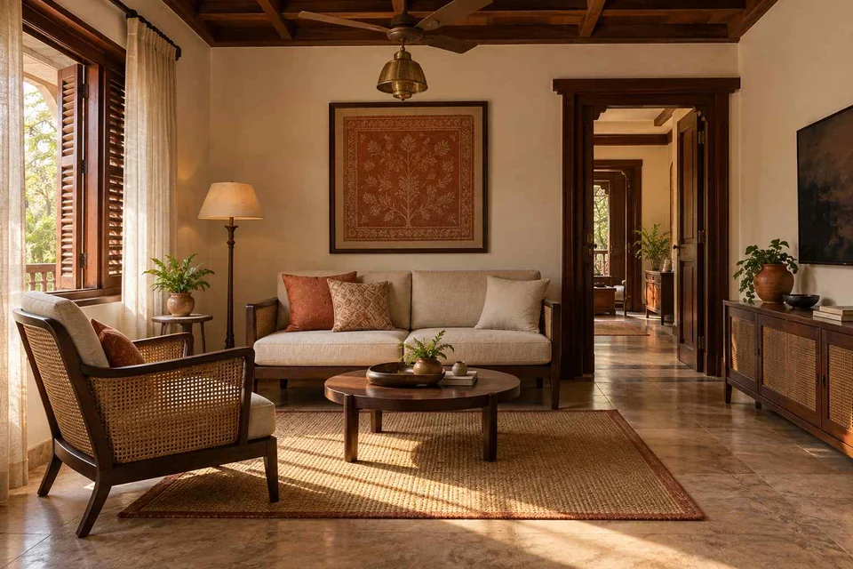 AI-generated living room design concept: square room conversation, terracotta heritage direction