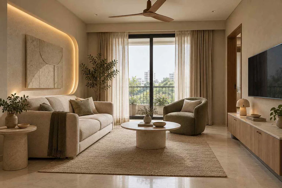 AI-generated living room design concept: square room conversation, textured mineral direction