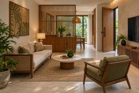 AI-generated living room design concept: square room conversation, tropical slatted direction