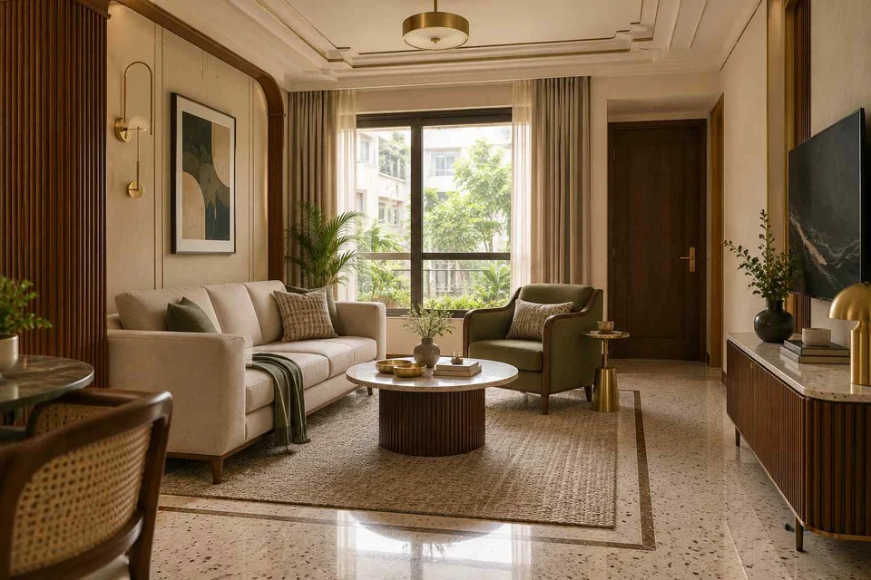 AI-generated living room design concept: square room conversation, urban deco direction