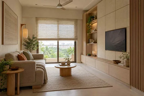 AI-generated living room design concept: storage wall lounge, ash and linen direction