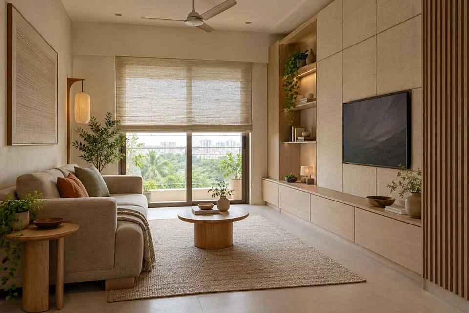 AI-generated living room design concept: storage wall lounge, ash and linen direction