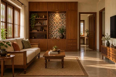 AI-generated living room design concept: storage wall lounge, chettinad tile direction