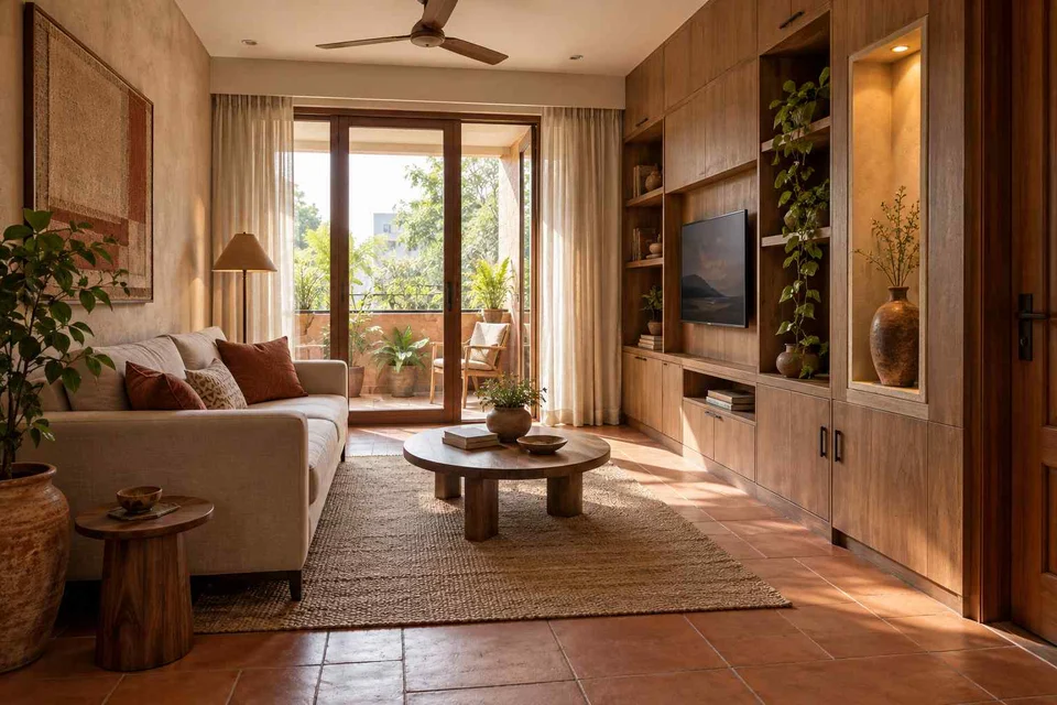 AI-generated living room design concept: storage wall lounge, clay artisan direction