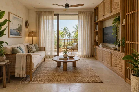 AI-generated living room design concept: storage wall lounge, coastal woven direction