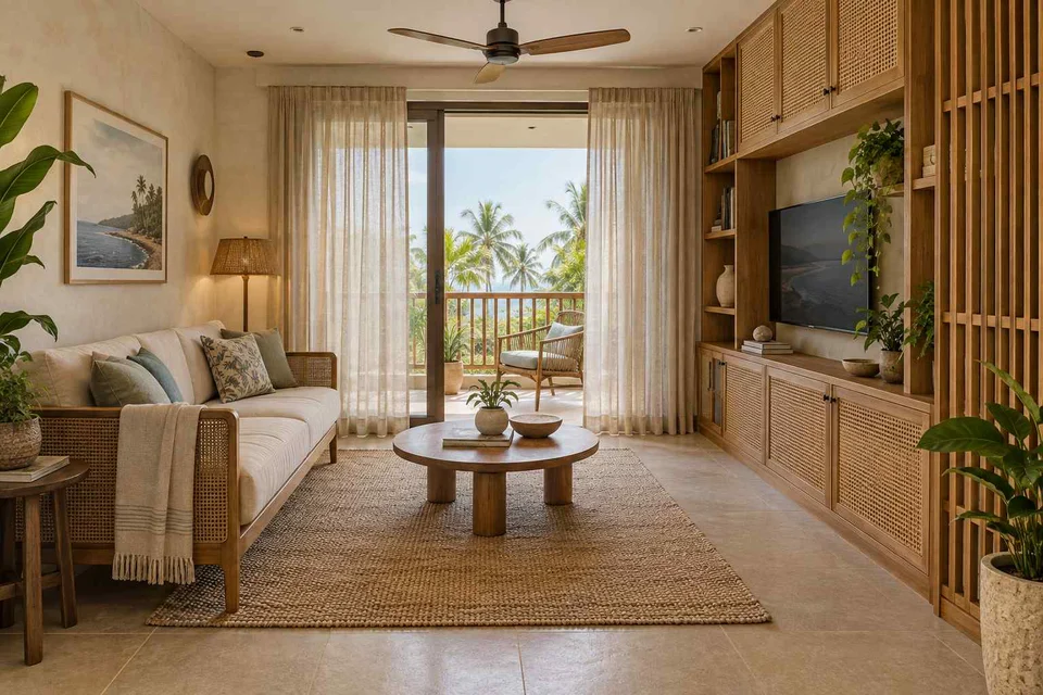 AI-generated living room design concept: storage wall lounge, coastal woven direction