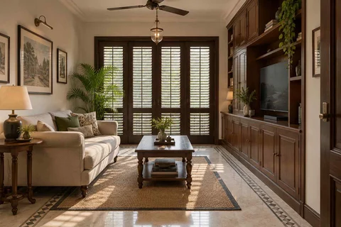 AI-generated living room design concept: storage wall lounge, colonial quiet direction