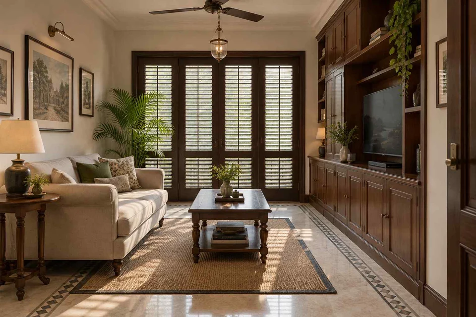 AI-generated living room design concept: storage wall lounge, colonial quiet direction