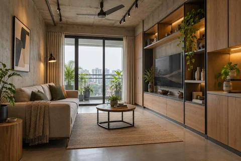 AI-generated living room design concept: storage wall lounge, concrete and oak direction