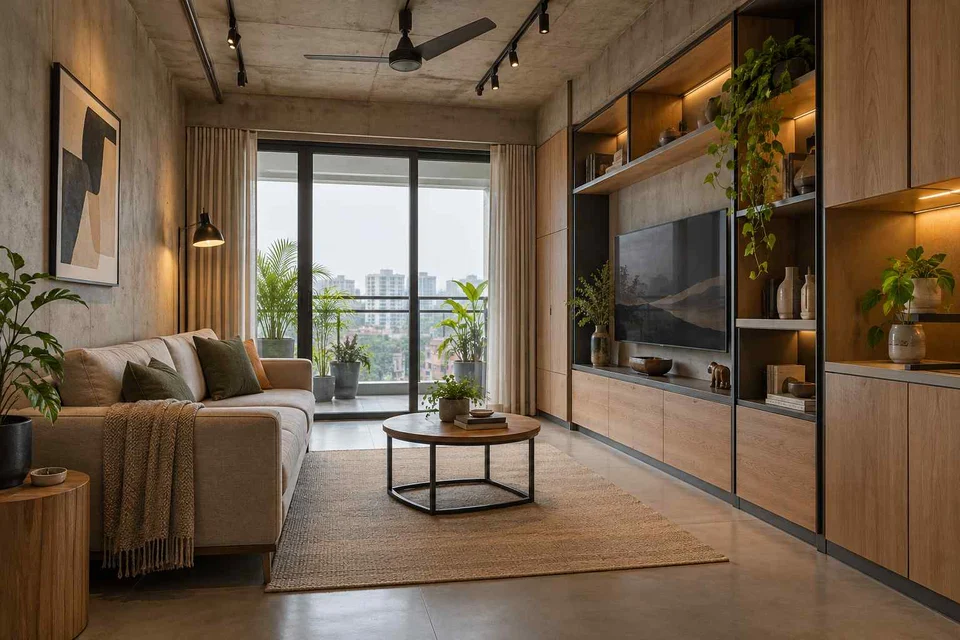 AI-generated living room design concept: storage wall lounge, concrete and oak direction