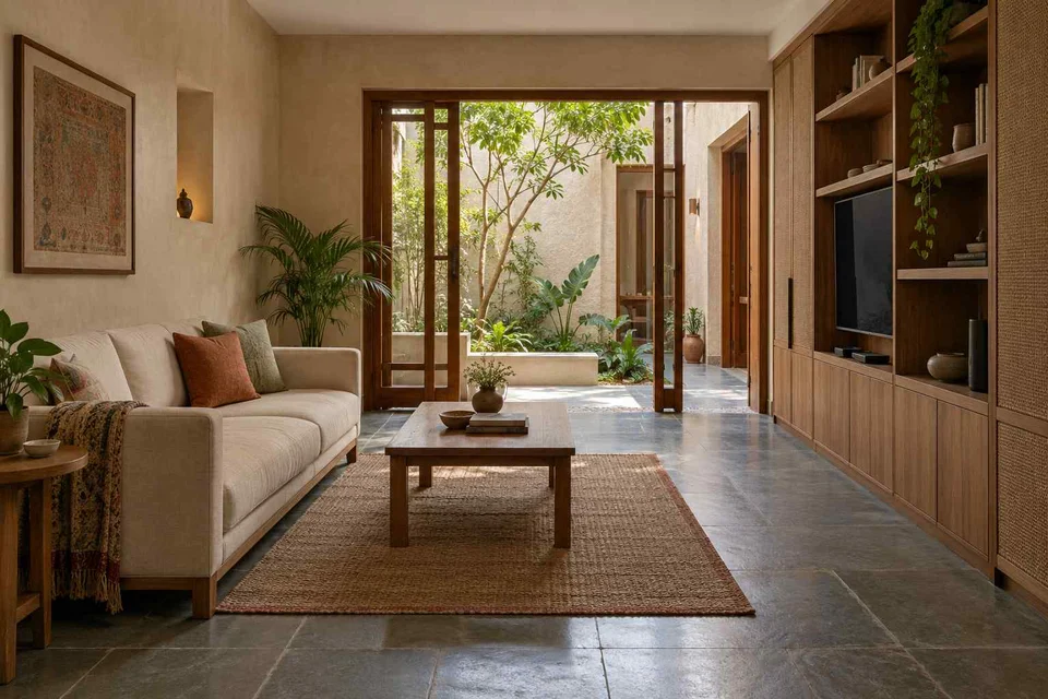 AI-generated living room design concept: storage wall lounge, courtyard modern direction