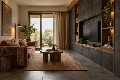 AI-generated living room design concept: storage wall lounge, deccan stone direction