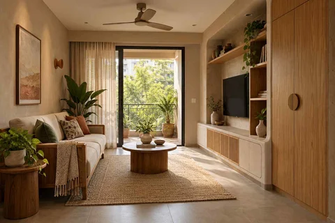 AI-generated living room design concept: storage wall lounge, earth and bamboo direction