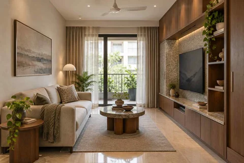 AI-generated living room design concept: storage wall lounge, granite precision direction